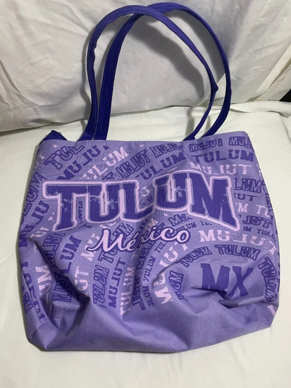 Tulum Mexico Purple Zipper Tote Bag Travel Beach Shopping Souvenir Polyester